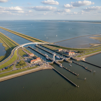 Luchtfoto van sluiscomplex in de Afsluitdijk