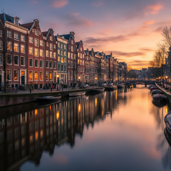 Grachtpandjes in avondlicht met reflecties in het water