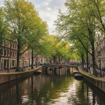 Bocht in de gracht met bomen in Amsterdam