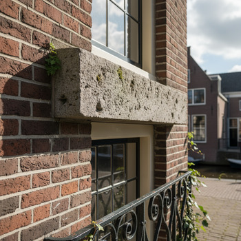 Detail van bakstenen gevel met natuurstenen latei