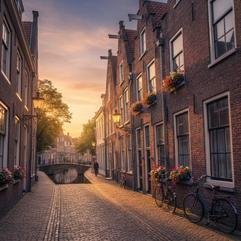 Smalle steeg in Delft met avondlicht
