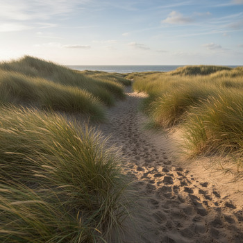 Duinpad met sporen in het helmgras