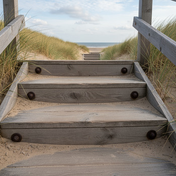 Houten trap door het duin met detail van treden