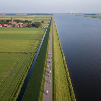 Fietsers op een dijk vanuit de lucht