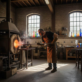Glasblazer werkt bij de oven in een atelier