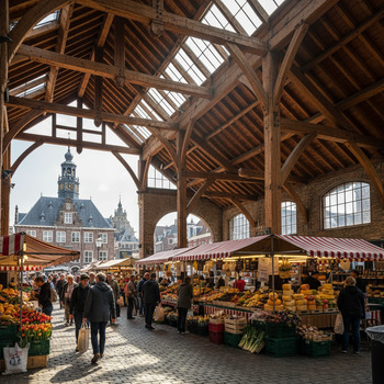 Houten gebinten in een markthal