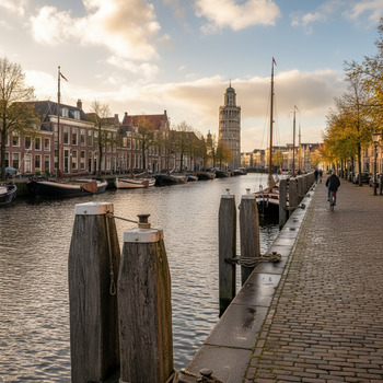 Palenrij langs een kade in Leeuwarden