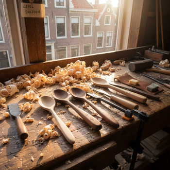 Detail van een werkbank van een lepelsnijder
