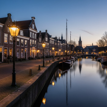 Lantaarns langs een kade vormen een lichtlijn