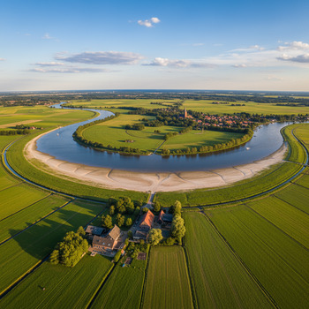 Luchtzicht van een bocht in het water met oever