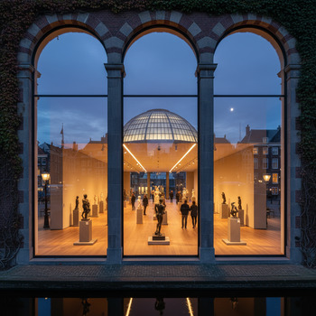 Verlichte museumhal zichtbaar door hoge ramen