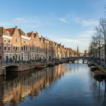 Panoramisch zicht langs een gracht met huizenrij