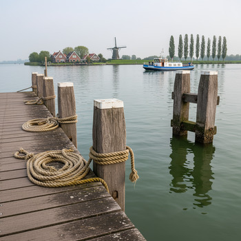 Steiger met touwen en palen voor de pont