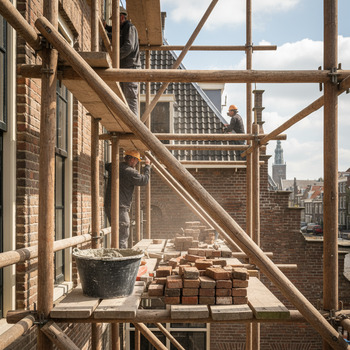 Detail van restauratie met steiger en metselspecie