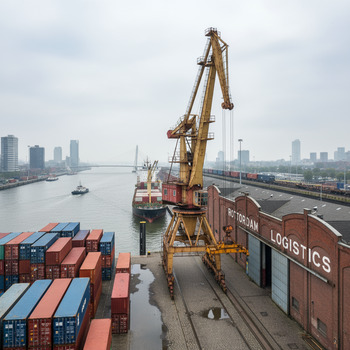 Industriële havenkraan naast bakstenen pakhuis