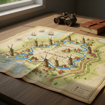 Kaartje met lijn langs molens en dijken