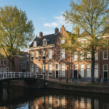 Schaduw van bomen op een gevel langs de gracht