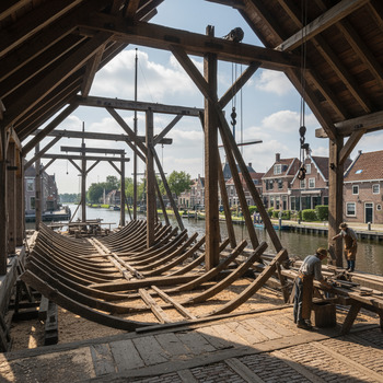 Houten spanten in een traditionele scheepswerf