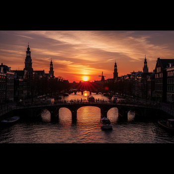 Silhouet van Amsterdam bij zonsondergang met bruggen