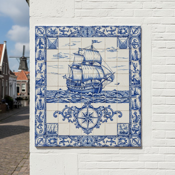 Blauw tegeltableau met zeevaartmotief