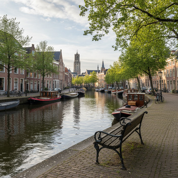 Kade met bankje langs de gracht in Utrecht