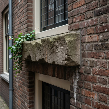 Close-up van voegwerk en natuurstenen latei