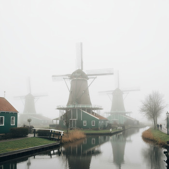 Molens in nevel bij de Zaanse Schans
